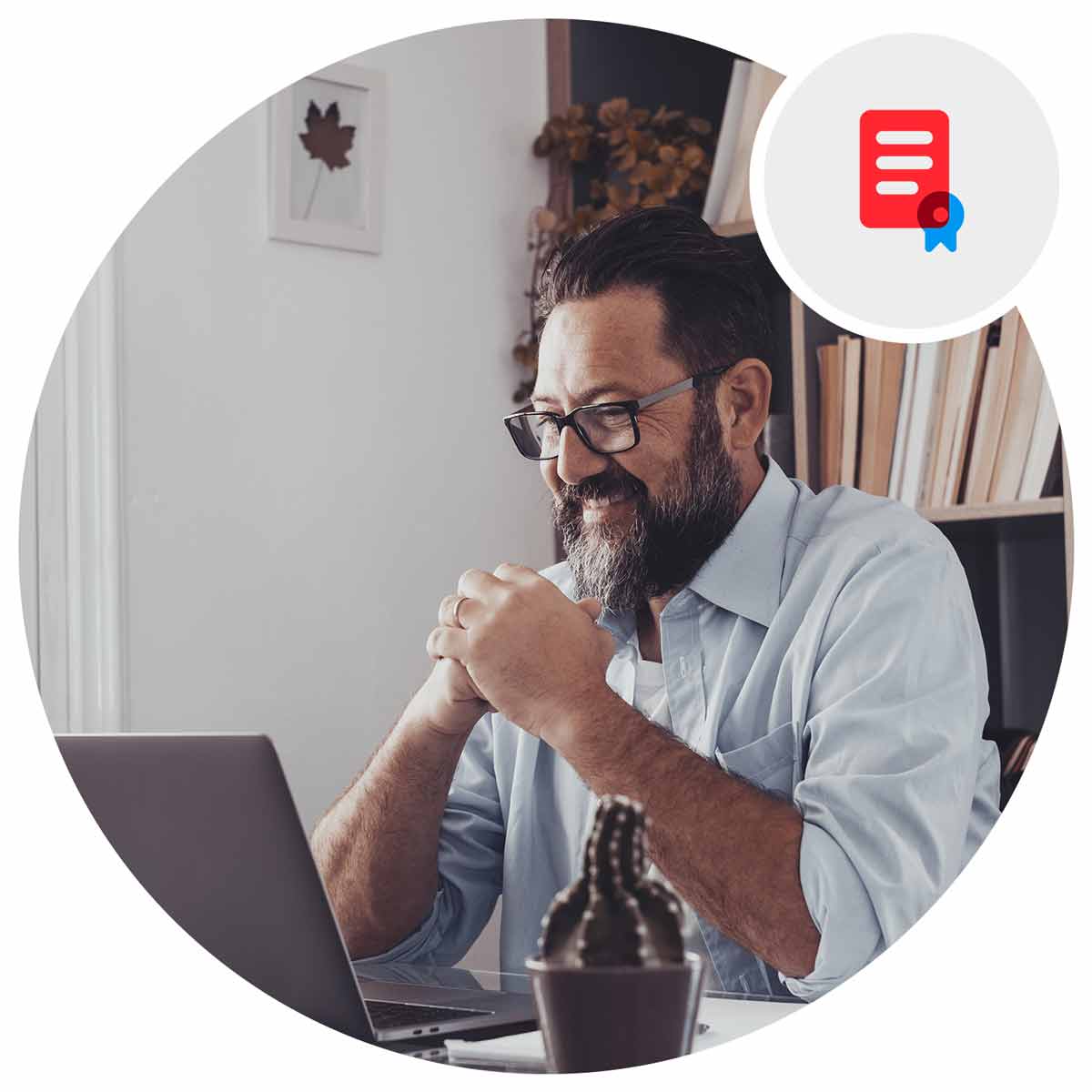 Man using computer and smiling